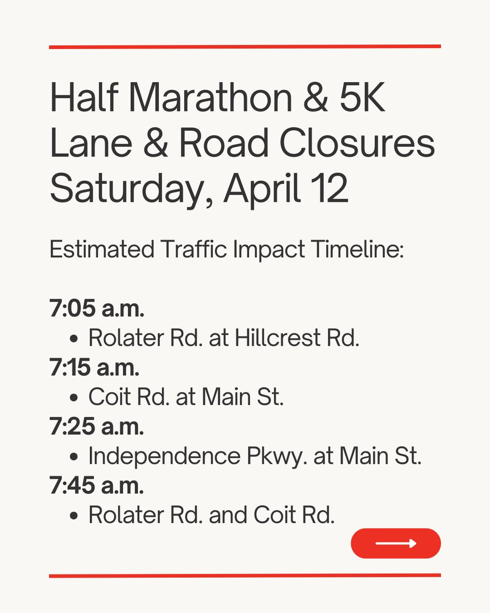 🚧 Multiple Road &amp; Lane Closures (Saturday, April 12 from 5 – 11 a.m.)

A half-marathon will close lanes on several major roads and cause delays along the run route. Get details on lane closures, road restrictions, and neighborhood detours: friscotexas.gov/CivicAlerts.as…

📲 Use the