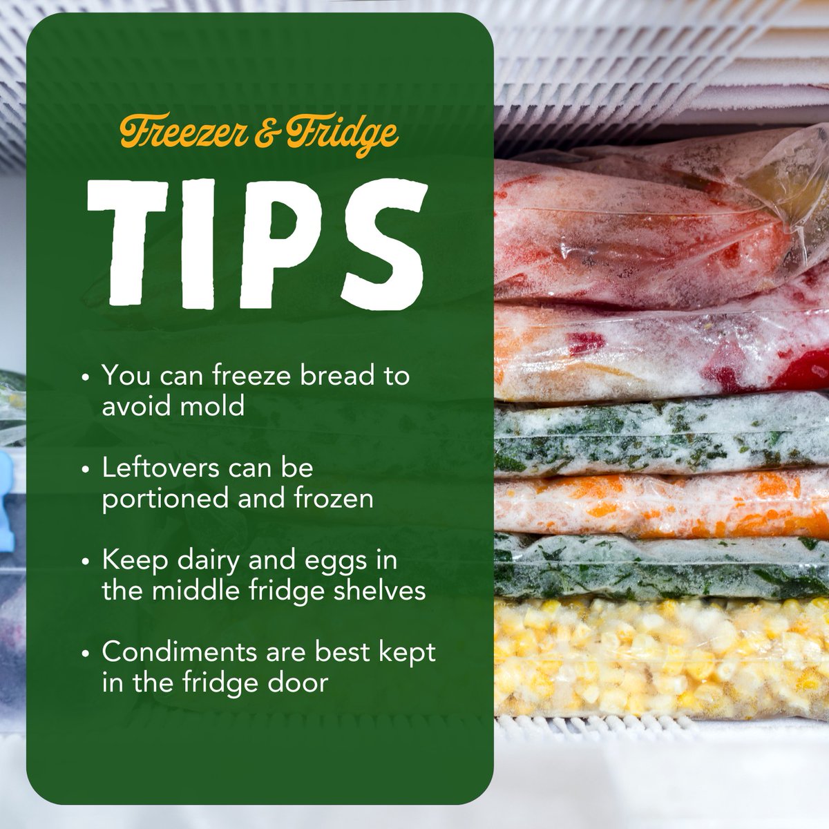 FREEZER &amp; FRIDGE TIPS: Keep your food fresh and waste-free. Freeze bread, berries, and veggies before they spoil, and store leafy greens with a paper towel to keep them crisp. These small tips have a big impact on your wallet and the planet! #FoodWastePreventionWeek
