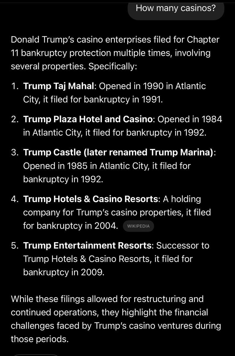 Pland__'s tweet image. "You are surprised by the tariffs, you haven’t read the art of the deal and it shows"

You know how many casinos he bankrupt?