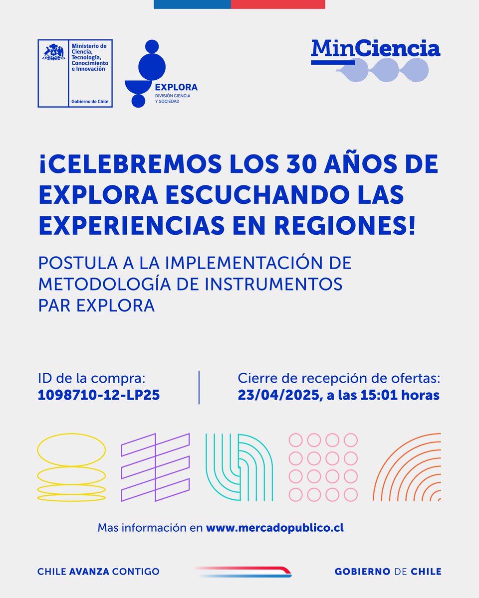 ¡Postula a nuestra licitación para @Explora_cl! 🇨🇱✨

Ya está abierta la licitación para implementar nuestra Metodología "Laboratorio de Instrumentos", que se utilizará para conocer las experiencias científicas y educativas de los PAR Explora 🧪