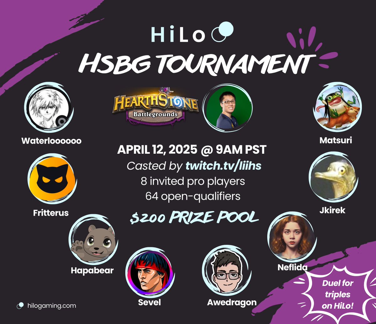 Jim Liu (@lii_hs) on Twitter photo I’m hosting & casting a Hearthstone Battlegrounds tournament this Saturday, sponsored by <a href="/hilogaming_gg/">HiLo Gaming</a>! 🔥
Sign up to compete with top pros — all the details are in the reply 👇
💥 Plus: anyone can enter the HiLo duel to get the most triples in one game! I’m hosting & casting a Hearthstone Battlegrounds tournament this Saturday, sponsored by <a href="/hilogaming_gg/">HiLo Gaming</a>! 🔥
Sign up to compete with top pros — all the details are in the reply 👇
💥 Plus: anyone can enter the HiLo duel to get the most triples in one game!