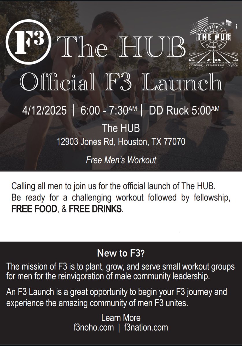 preston_peery's tweet photo. Menβs workout. Free. Outdoors. Together.
No memberships. No mirrors. No nonsense.
Join us for the official launch of F3 at The HUB Community Center
π Saturday | 6:00 AM
Just show up. @F3Nation @f3NoHo
#fitness #fellowship #faith #mensgroup https://t.co/3s6QyPcwIU