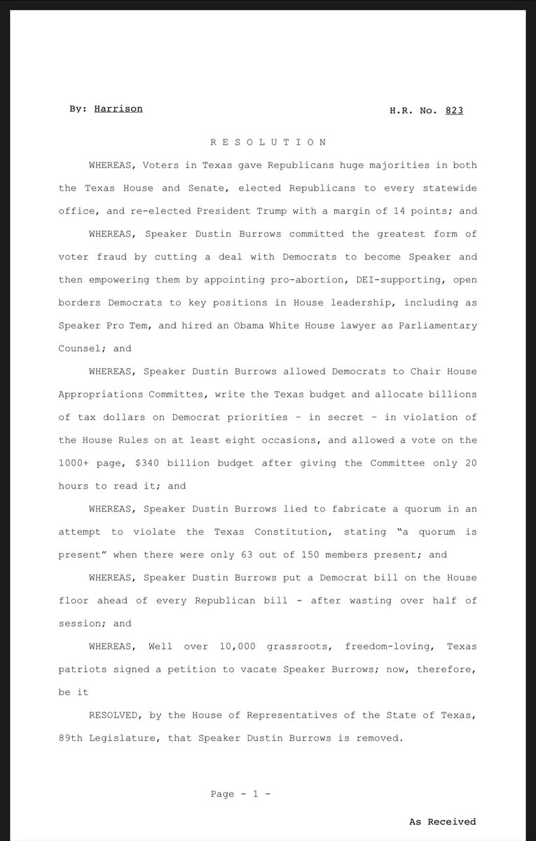 bradj_TX's tweet image. .@brianeharrison has filed the resolution to remove @Burrows4TX as speaker: capitol.texas.gov/tlodocs/89R/bi…
#txlege