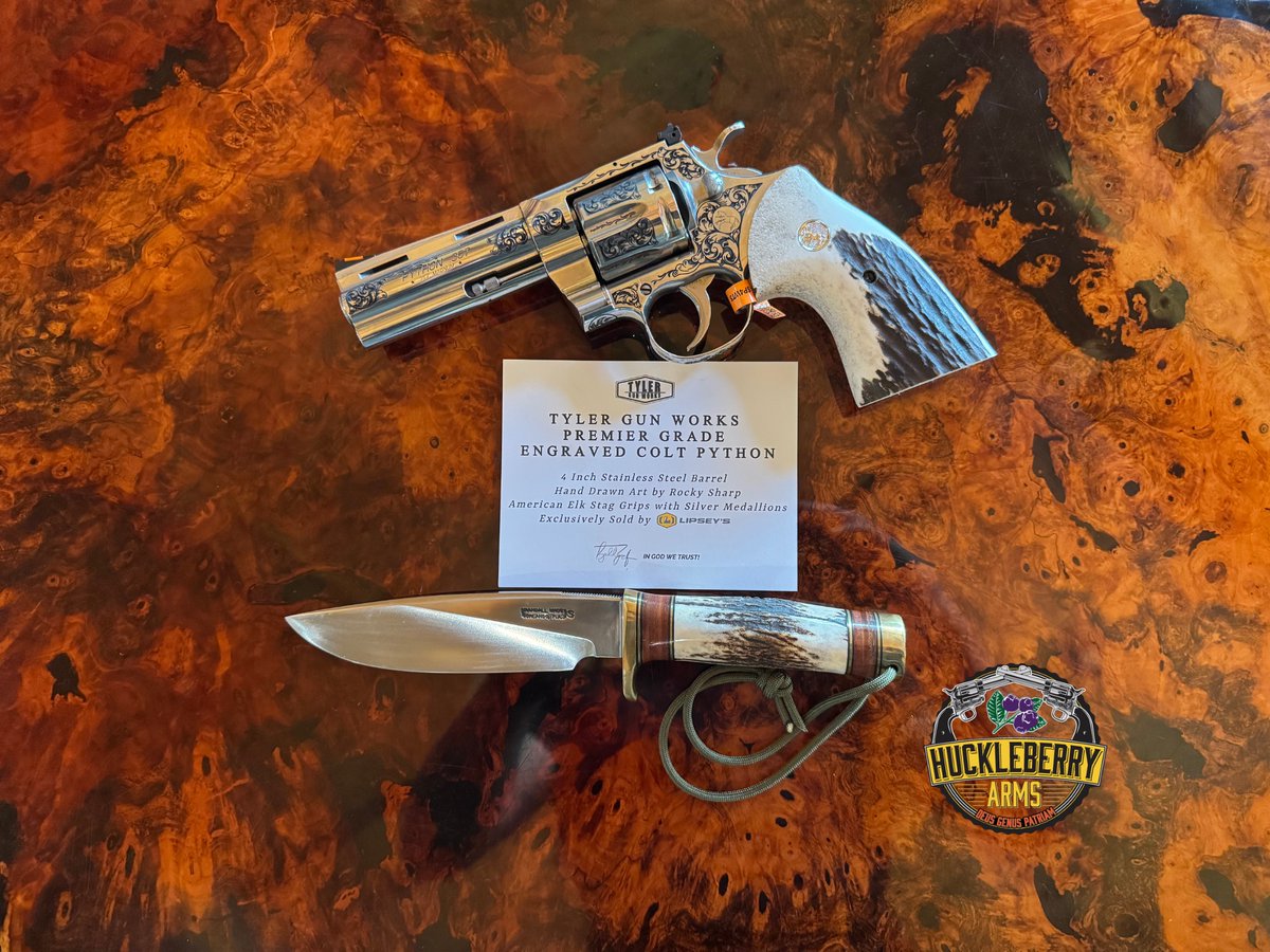 HuckleberryArms's tweet photo. When it’s not enough to be good—you ought to look good doing it too!”

Is this the perfect pairing for the distinguished outdoorsman with a taste for adventure?

Tyler Gun Works Premier Grade Engraved Colt Python—Lipsey’s Exclusive—sits comfortably beside a Randall Model 25.

Not just tools. Not just gear.

Engraved steel, antler, and leather that speak without saying a word.