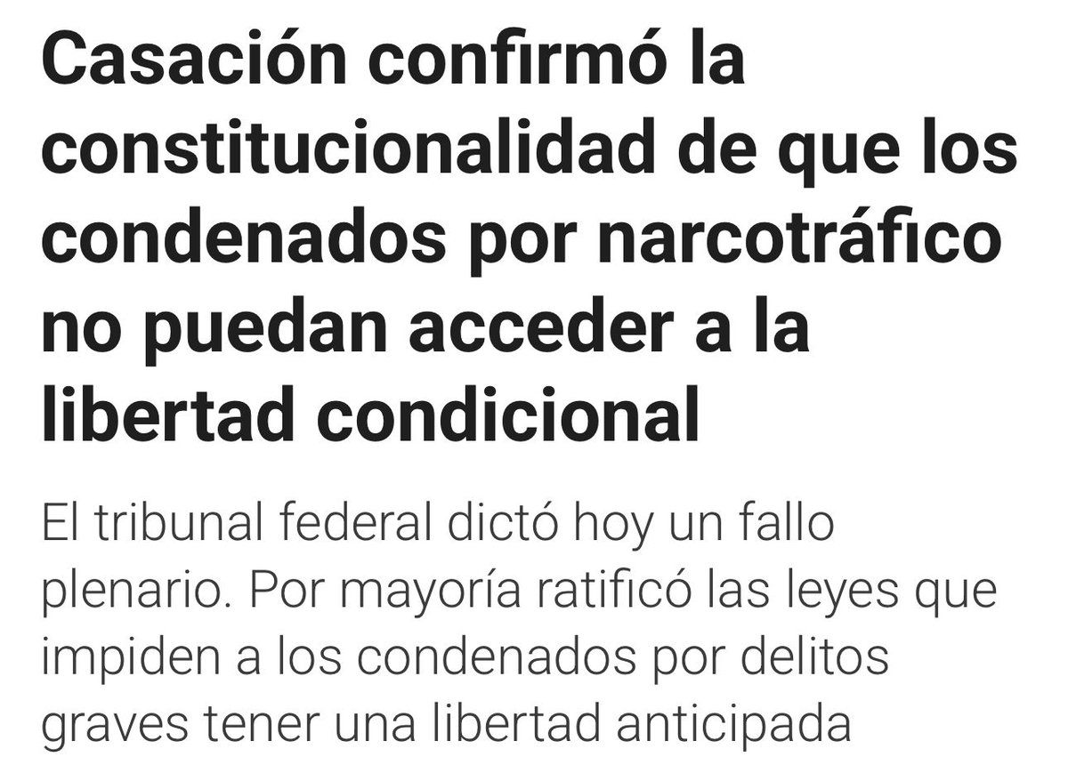 LOS PEORES CRIMINALES NO PODRÁN SALIR ANTES DE CUMPLIR SU CONDENA  

Narcos, asesinos, violadores y terroristas no podrán acceder a salidas anticipadas ni beneficios. Cumplirán cada día de su condena.

La Cámara de Casación, en un plenario, decidió que la Ley es constitucional.