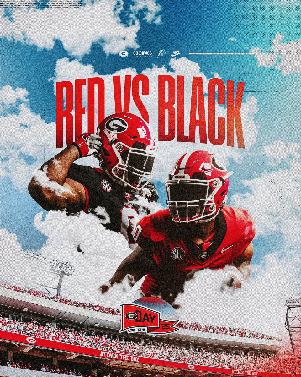 G-Day Week 🔴⚫️

📆: Saturday April 12
🕐: 1:00PM ET
🎟️: georgiadogs.com

#GoDawgs