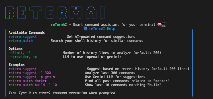 thundermycat's tweet photo. Just released `reterm-ai` on PyPI! Get AI-powered command suggestions from your shell history. Try it: `pip install reterm-ai` and `reterm suggest`. Feedback welcome! https://t.co/bg06dU9oul

#Python, #CLI, #AI, #OpenSource. https://t.co/8zMwljDwEb