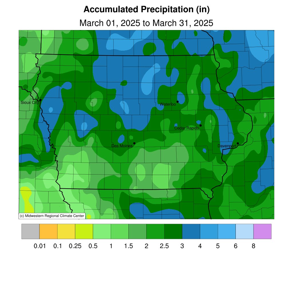 JustinMGlisan's tweet photo. March 2025 Precipitation Summary: #IA's average precip. was 2.57”, 0.58” above normal. This ties 1884/1995 as the 39th wettest Mar. on record; 2024 was wetter. Iowa's average snowfall was 4.0", 0.5" below normal. (2/2) #IowaClimate #IowaAg https://t.co/Tl2sTSWhaM