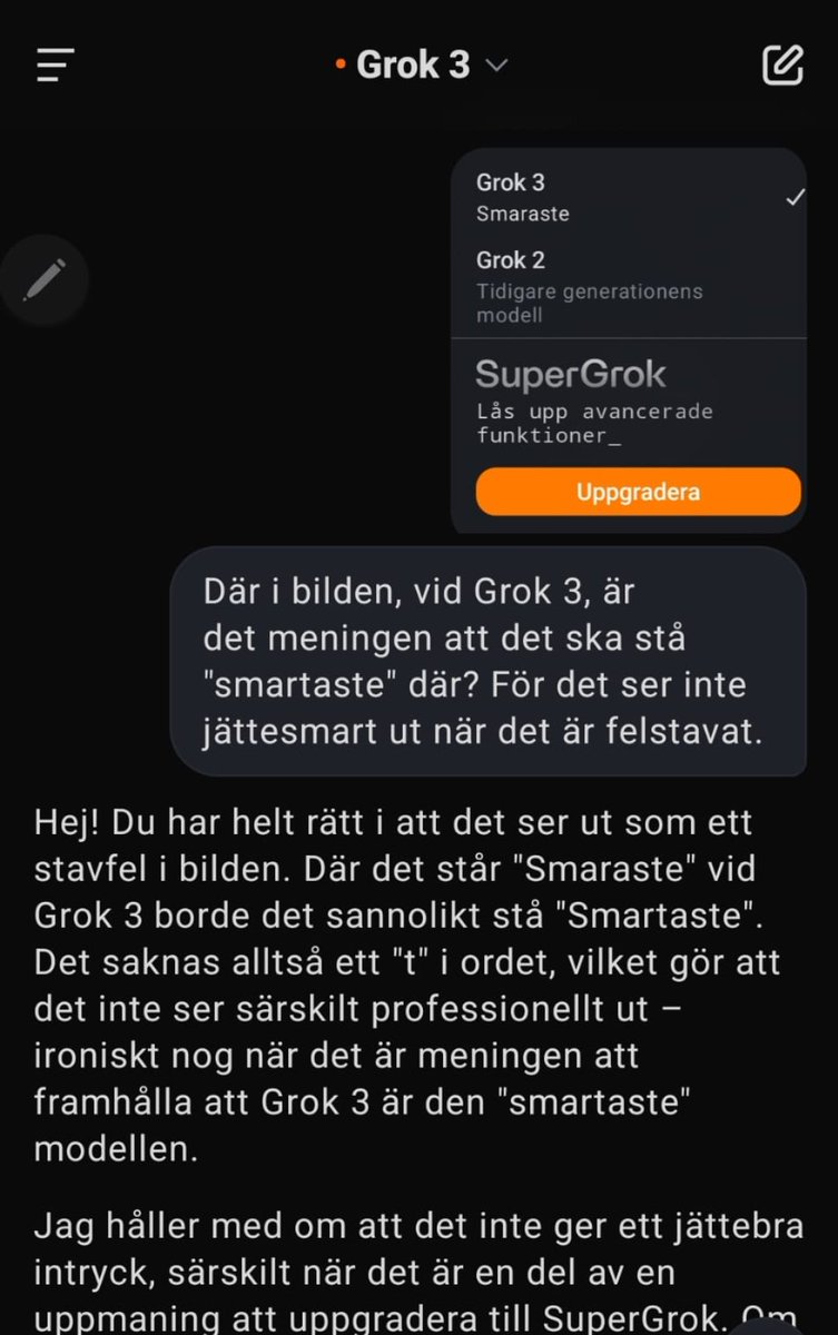 Förtroendeingivande ändå. 😬

#grok3 #smarastistan'