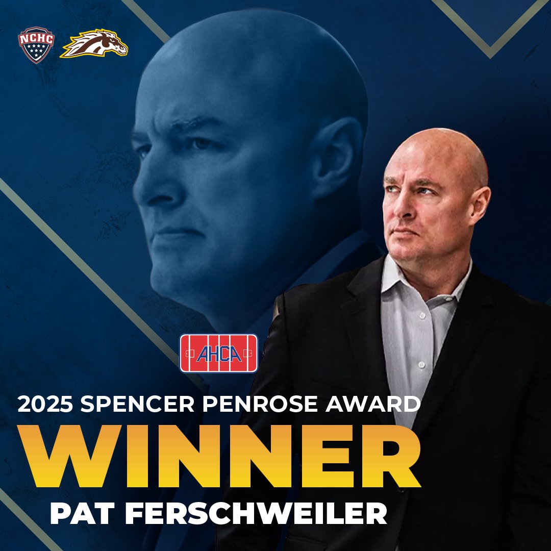TheNCHC's tweet photo. He led @WMUHockey to the #PenroseCup and now he’s won the Spencer Penrose Award!

Congrats to @patfersch on being named @AHCAHockey National Coach of the Year! 🫡👏

📰: https://t.co/117l8lXedW 

#NCHChockey // #BroncosReign https://t.co/A3DnfCKAwT
