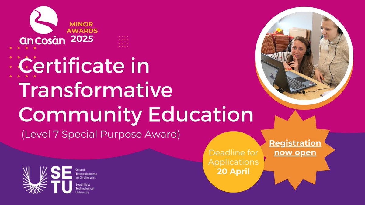An Cosán (@an_cosan) on Twitter photo An Cosán's Certificate in Transformative #CommunityEducation #CPD is now open for registration!
👉 Foster meaningful change
👉 Concise six-week timeframe (13 May – 17 June)
👉 Blended learning
👉 Accredited <a href="/SETUIreland/">South East Technological University</a>
👉 Apply here: buff.ly/6L7WoQm An Cosán's Certificate in Transformative #CommunityEducation #CPD is now open for registration!
👉 Foster meaningful change
👉 Concise six-week timeframe (13 May – 17 June)
👉 Blended learning
👉 Accredited <a href="/SETUIreland/">South East Technological University</a>
👉 Apply here: buff.ly/6L7WoQm