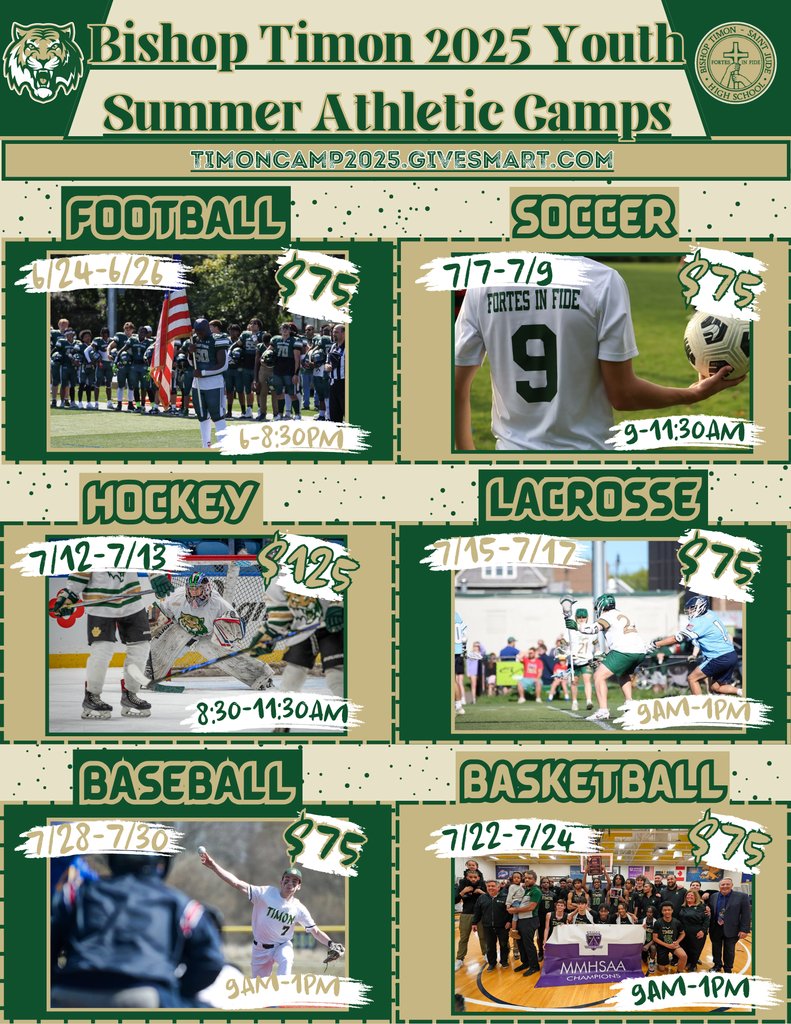 2025 Summer Athletic Camp Registration is now open! Secure your spot today and work with our experienced coaches and staff to see what its like to be a Timon Tiger!
Link: TimonCamp2025.givesmart.com