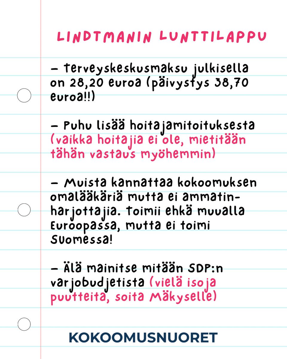 Kokoomusnuoret julkaisee Antti Lindtmanin lunttilapun: kokoomusnuoret.fi/tiedotteet/202…

Kokoomusnuoret julkaisee SDP:n puheenjohtajan Antti Lindtmanin lunttilapun, jonka vilkuilu herätti huomiota eilisessä (7.4.) Iltalehden puheenjohtajatentissä. Toisin kuin muut puheenjohtajat, Lindtman