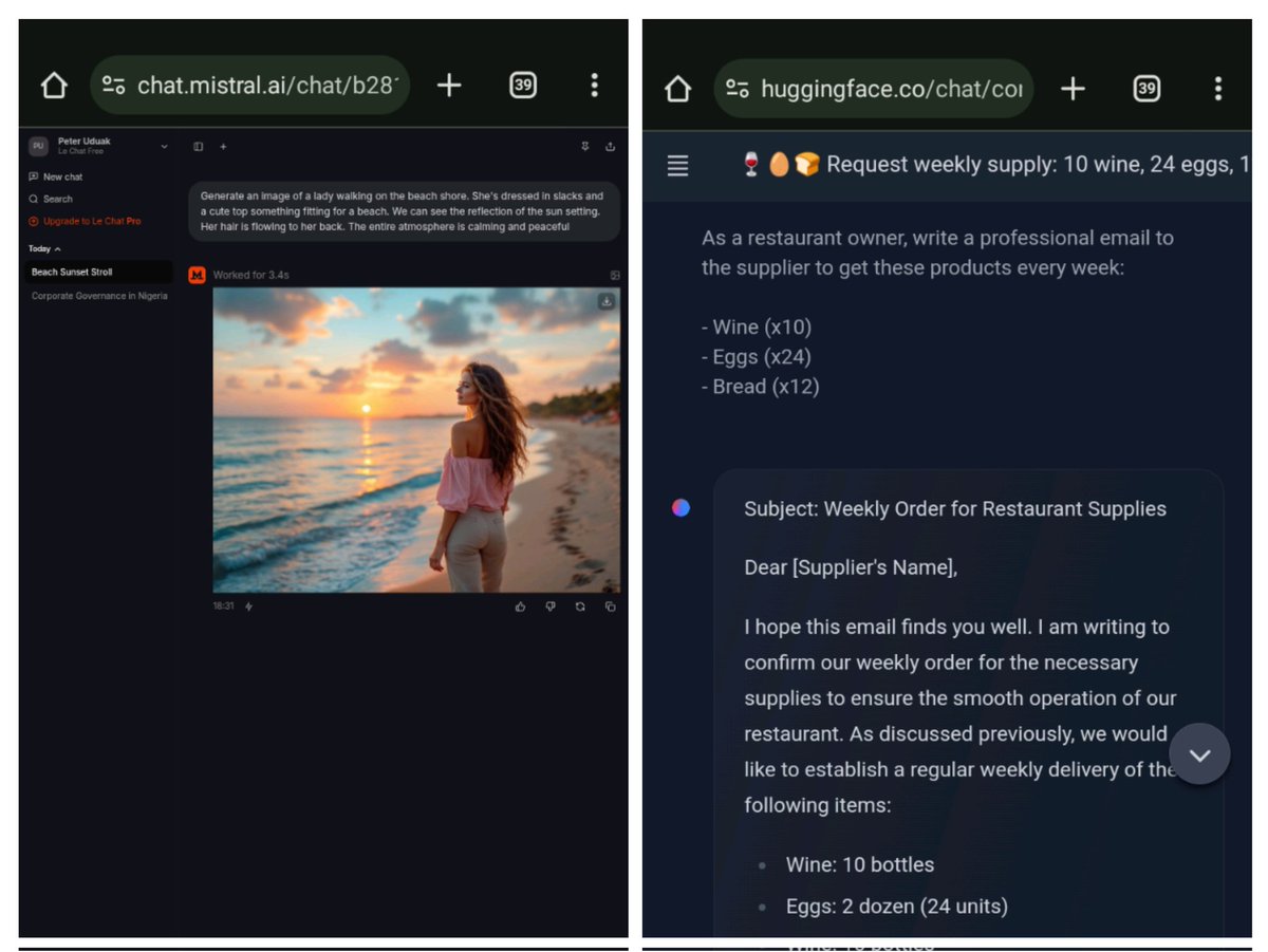 TechSavvyUdy_01's tweet photo. Hey Techbies!

Tried out HuggingChat and Le Chat to see how general-purpose AIs handle random prompts.

Verdict? Super versatile.

Scroll down for screenshots.

#HuggingChat #LeChatAI #AItools #GenerativeAI #PromptPlay #Techbies https://t.co/Uljxso4LN6