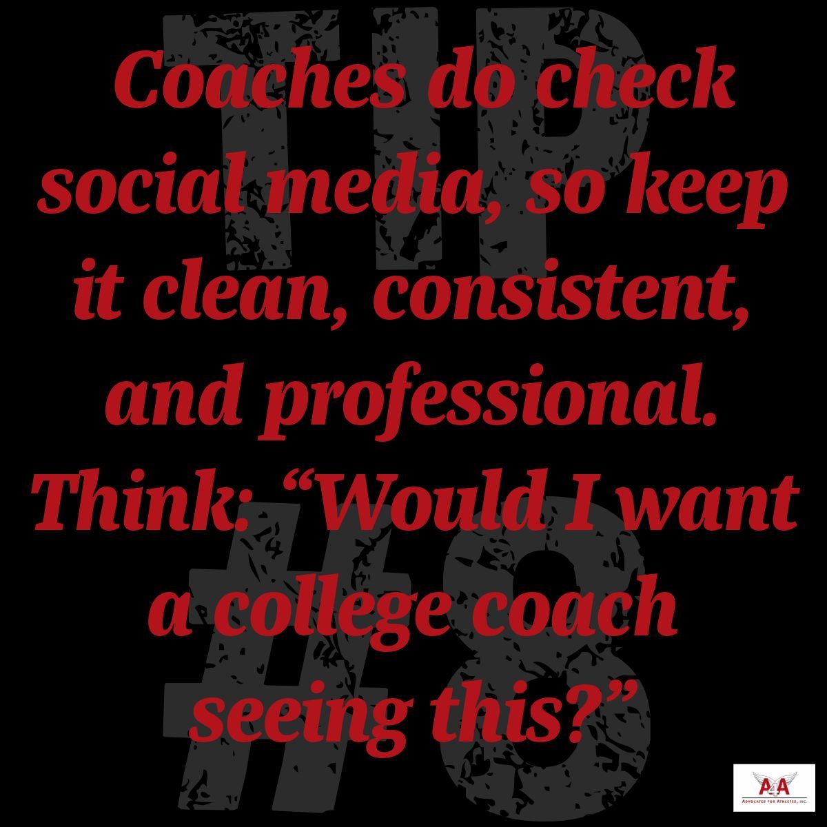 A4AConsulting's tweet photo. 📲 TIP TUESDAY #8 🔉 

Your social media is your digital resume.

Coaches are watching—so show them your character, work ethic, and goals. Keep it clean. Keep it real. Keep it YOU. 💪

#StudentAthlete #CollegeRecruiting #AthleteTips #SocialMediaMatters #AdvocatesForAthletes #A4A https://t.co/nEc8hQbcXT