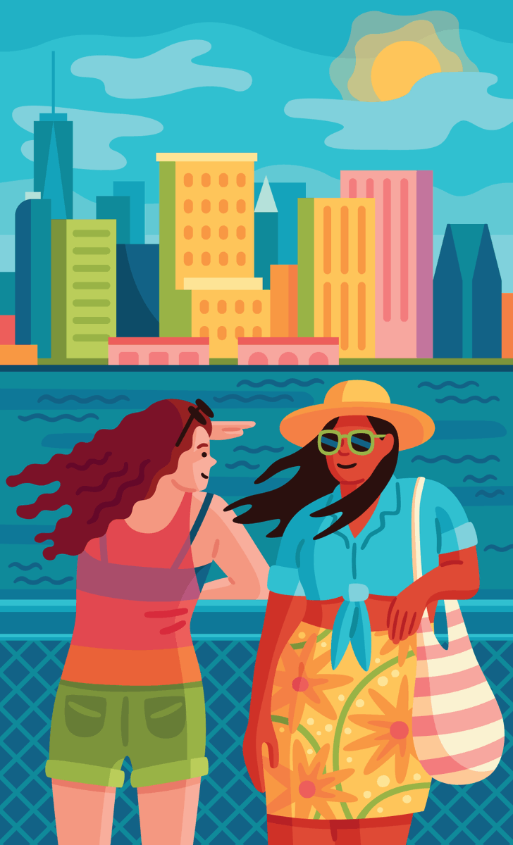 Two women dressed for summer looking at the city across the water