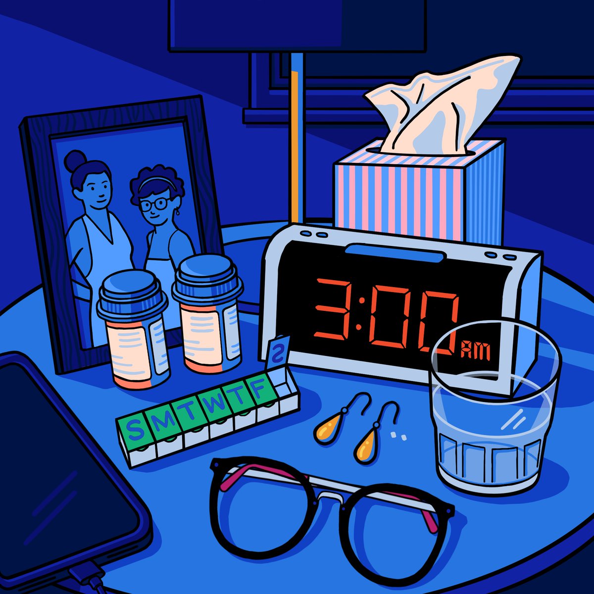 Still life of items on a bedside table at 3 am