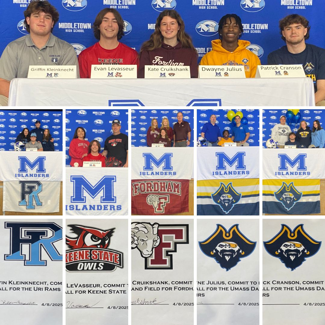 Congratulations to Griffin, Evan, Kate, Dwayne &amp; Pat on their commitments to play collegiately next year. You couldn't ask for better student athletes to represent Middletown HS at their colleges &amp; universities. #weareislanders <a href="/RIIL_sports/">RIIL</a> <a href="/EricRueb/">Eric Rueb</a>  <a href="/WeareMiddletown/">Middletown Public Schools</a>