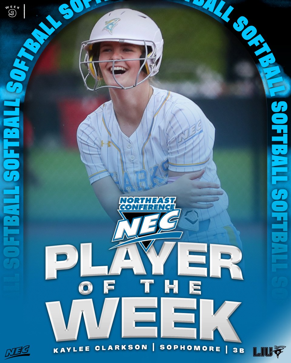 NEC Softball (@necsoftball) on Twitter photo 🥎🏅 The #NECsoftball Player of the Week is 𝗞𝗮𝘆𝗹𝗲𝗲 𝗖𝗹𝗮𝗿𝗸𝘀𝗼𝗻 from <a href="/LIUAthletics/">LIU Athletics</a> ‼️
» Led the 🦈 to a 3-game 🧹 of defending champ SFU
» Batted .455 with 3 doubles & a 🌕 shot
» Scored 3 runs & drove in 5 more
» LIU's 2nd-straight #NECPOW honoree
#NECelite 🥎🏅 The #NECsoftball Player of the Week is 𝗞𝗮𝘆𝗹𝗲𝗲 𝗖𝗹𝗮𝗿𝗸𝘀𝗼𝗻 from <a href="/LIUAthletics/">LIU Athletics</a> ‼️
» Led the 🦈 to a 3-game 🧹 of defending champ SFU
» Batted .455 with 3 doubles & a 🌕 shot
» Scored 3 runs & drove in 5 more
» LIU's 2nd-straight #NECPOW honoree
#NECelite