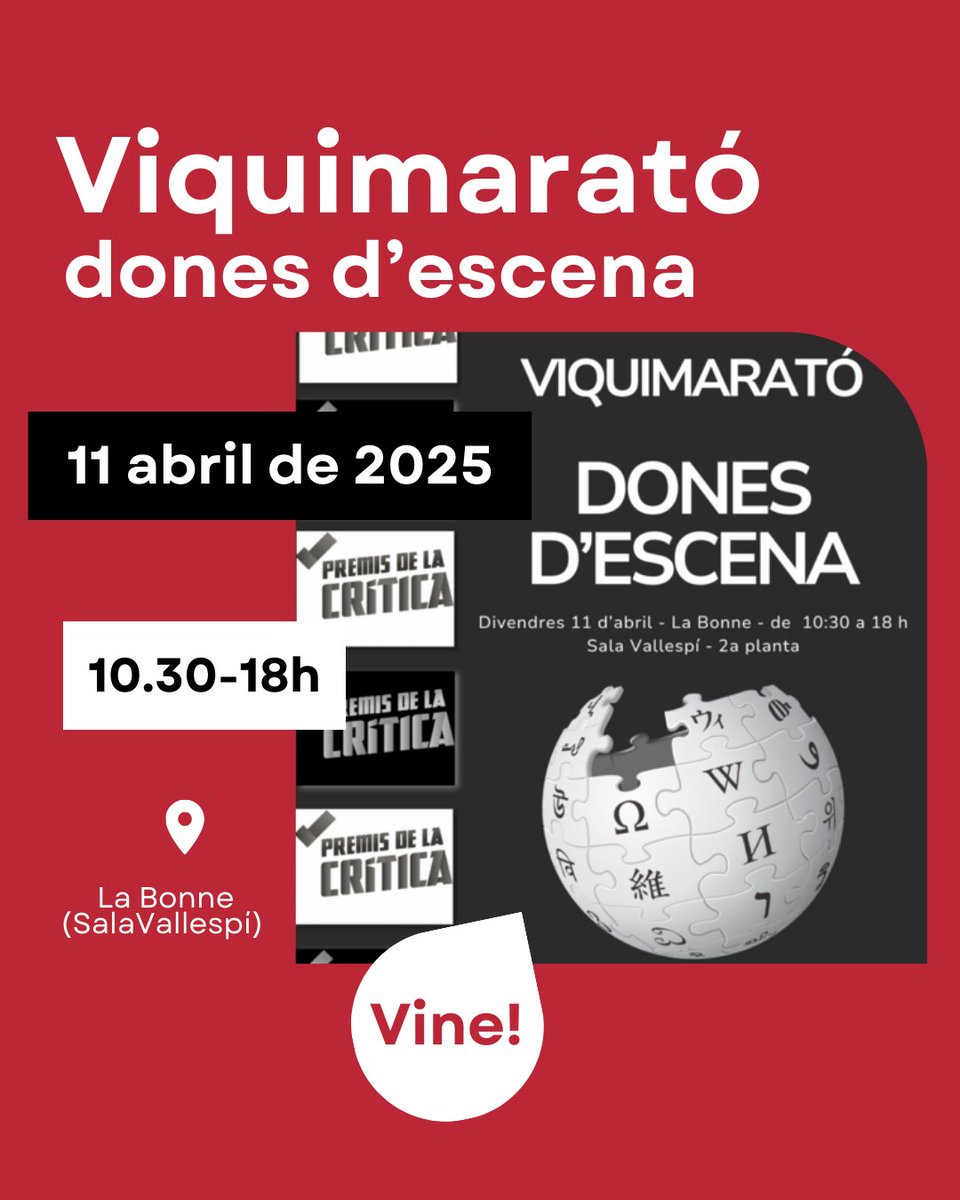 ⏰ Aquest divendres celebrem la... VIQUIMARATÓ dones d'escena!

💻 Una marató d'escriptura que és una Iniciativa per ampliar i completar la informació sobre dones, agrupacions, premis, etc. del món escènic.

Vine a donar-nos suport! 😉