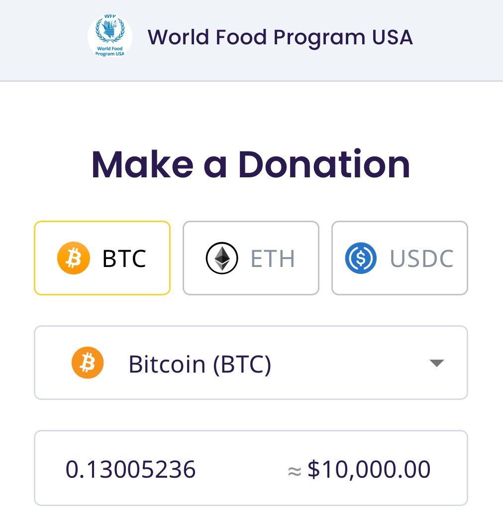 The World Food Program USA now accepts bitcoin!

WFP is the world’s largest humanitarian organization and part of the United Nations. Chief Philanthropy Officer says, “Embracing new technologies like cryptocurrency isn’t just a choice—it’s necessary.”