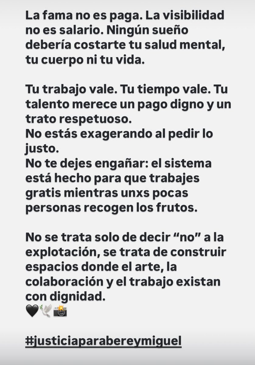 OscarMatec's tweet photo. Aplica para todxs los que piden todo a cambio de nada:
“La fama” no es paga
La visibilidad no es un salario ni seguridad
Tú trabajo VALE porque inviertes tiempo y vida
Y TODAS LAS VIDAS VALEN.
#justiciaparabereniceymiguel #AXEsinos https://t.co/KOpOo5ELBD