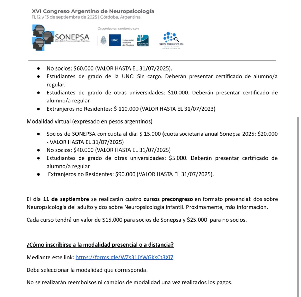 ¡Hola! Les compartimos la Primera Circular del XVI Congreso Argentino de Neuropsicología, organizado por SONEPSA junto con la Cátedra de Neuropsicología de la UNC.
Encontrarán toda la info relacionada con la inscripción, la modalidad del evento y los canales de comunicación 🧠✨