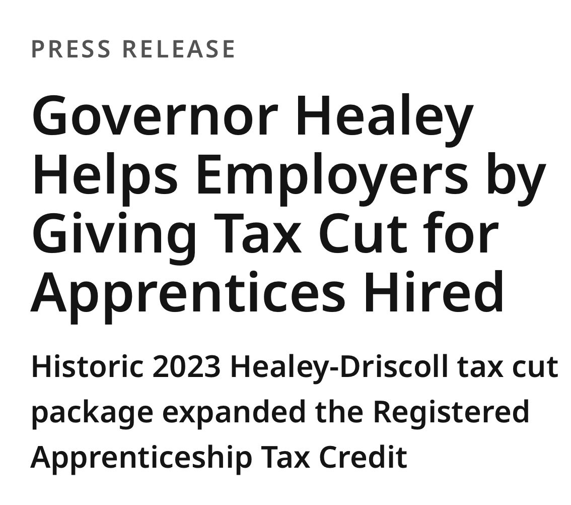 Massachusetts Labor & Workforce Development (@masslwd) on Twitter photo In 2023, <a href="/MassGovernor/">Governor Maura Healey</a> expanded eligibility for the Registered Apprenticeship Tax Credit.
Fast forward to tax-year 2024: we've approved $465,600 in credits to employers who hired 97 apprentices—more than double the number from previous years! In 2023, <a href="/MassGovernor/">Governor Maura Healey</a> expanded eligibility for the Registered Apprenticeship Tax Credit.
Fast forward to tax-year 2024: we've approved $465,600 in credits to employers who hired 97 apprentices—more than double the number from previous years!