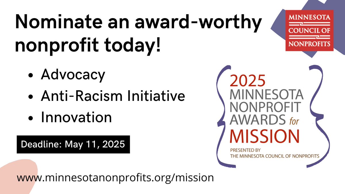 In times of change and uncertainty, nonprofits are the rocks on which our communities rely. It's time to sing their praises!

Nominate a nonprofit doing making a difference in Minnesota for a 2025 Minnesota Nonprofit Mission Award by May 11.

minnesotanonprofits.org/about/awards-p…