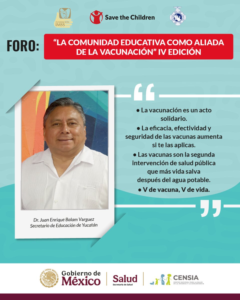 SaveChildrenMx's tweet photo. Conoce lo que el Dr. Juan Enrique Balam Várguez, secretario de educación en Yucatán nos cuenta sobre las “Buenas prácticas y orientaciones a futuro de la comunidad educativa como promotora de la vacunación".

Sigue la transmisión en vivo: https://t.co/fLbvJrNoNT

#ForodeVacunación