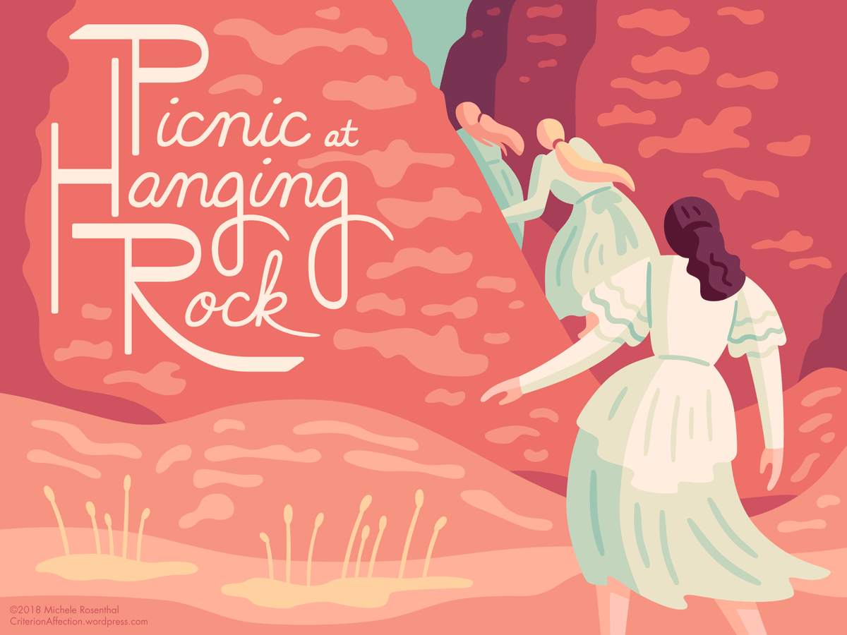 Women in white dresses disappearing into the rocks, inspired by the film Picnic at Hanging Rock