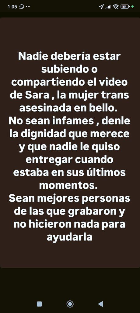 AlejitaCardenas's tweet photo. Escribí algo porque me parece que Sara merece tener un mínimo de dignidad así sea muerta, no sean tan pusilánimes,  no compartan o suban el video de su agonía. https://t.co/npcRxYRiLc