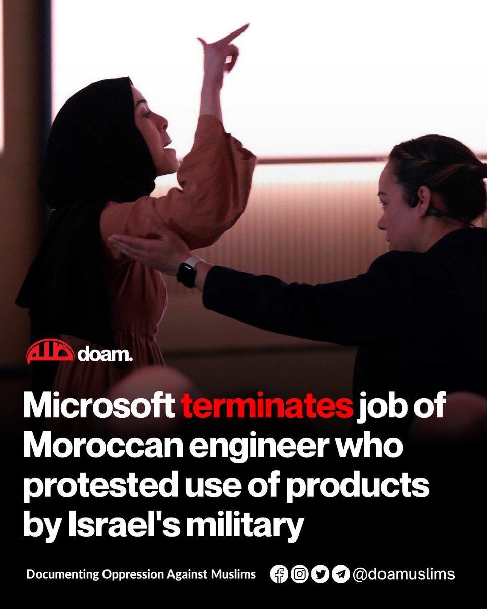 doamuslims's tweet photo. NEW! Microsoft has terminated employees who protested the company’s involvement in supplying artificial intelligence (AI) technology to the Israeli military. 

The dismissals came during Microsoft’s 50th anniversary celebrations, where engineer Ibtehal Aboussad interrupted a keynote speech by Mustafa Suleyman, CEO of Microsoft AI, to voice her opposition to Microsoft’s role in facilitating the Israeli genocide in #Gaza.

“To me, my greatest fear is waking up on an ordinary workday only to find out that the code I wrote might have played a part in killing children.”

- Ibtehal Aboussad