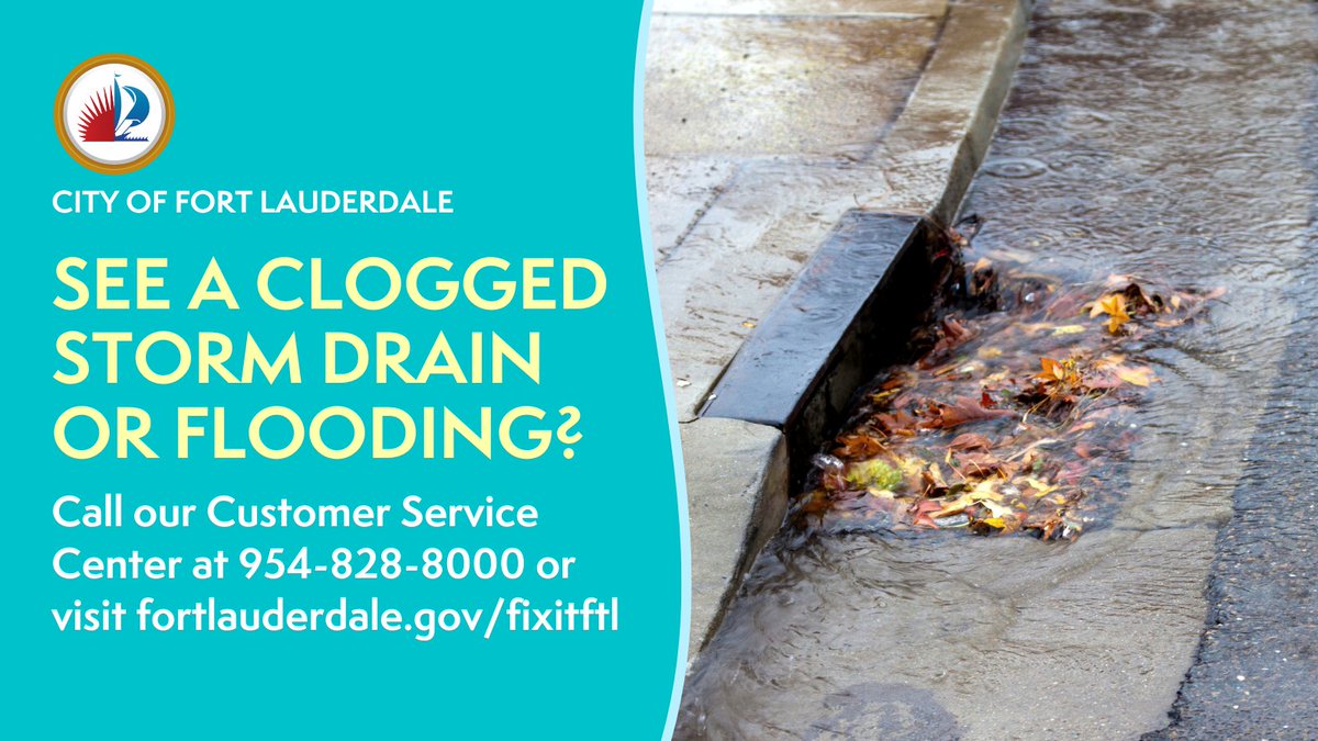 FTLCityNews's tweet photo. We're keeping a close eye on the weather, and while we don't anticipate any flooding or major impacts from the rain, #TeamFTL is ready—just in case.

If you notice a clogged catch basin in your area, please report it to our 24/7 Customer Service team at 954-828-8000 or visit 🔗 https://t.co/vILkMyZ2df.   

Let’s stay safe and dry, Fort Lauderdale! 🌧️💪 #FTLReady