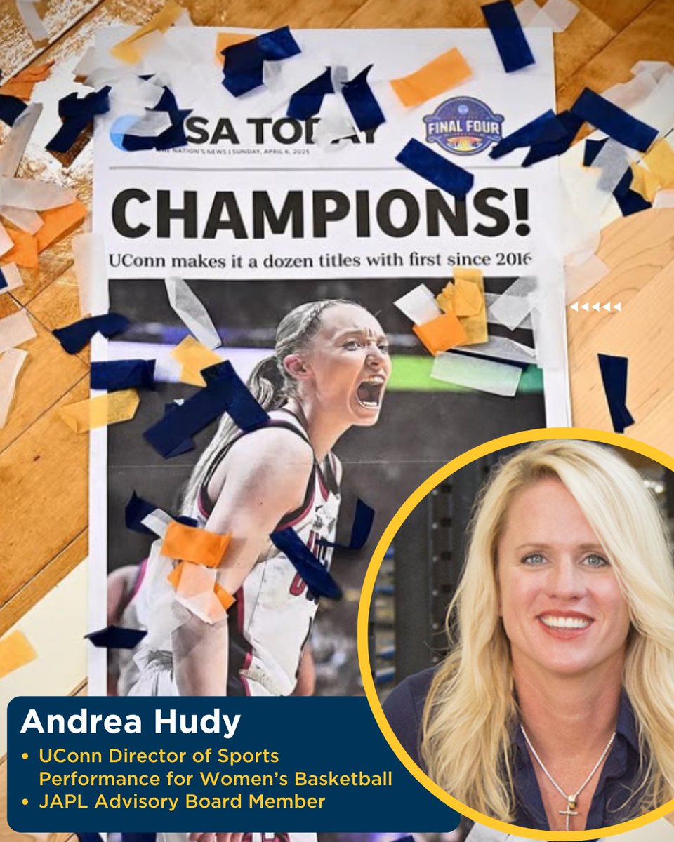 Congrats to our friend Andrea Hudy, Director of Sports Performance for Women's Basketball at UConn and Advisory Board Member for the JAPL, as they have just won the D1 Women's Basketball National Championship!🎉

Credit: @uconnwbb for the background photo!
#WBB #sportperformance