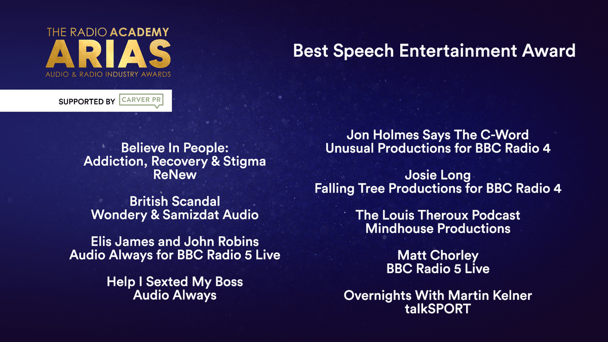 radioacademy's tweet image. Here are your nominees for Best Speech Entertainment Award including @bbc5live, @wonderymedia, @AudioSamizdat, @audioalways, @bbcradio4, @MindhouseTV, @talksport
