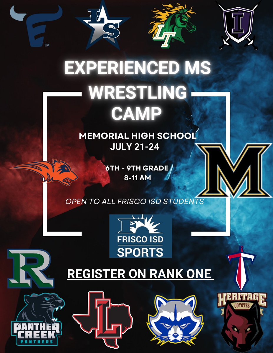 SUMMER WRESTLING AT MEMORIAL! MHS is hosting 3 Sessions of FISD Wrestling Camp this summer!

June 2-5th: Youth &amp; Rookie MS
(K-5: 8-10am; 6-9th: 10:30am-12:30pm)

July 21-24th: Experienced MS &amp; Freshmen
(8-11am)

Info on way about S&amp;C and a Guest Clinician!