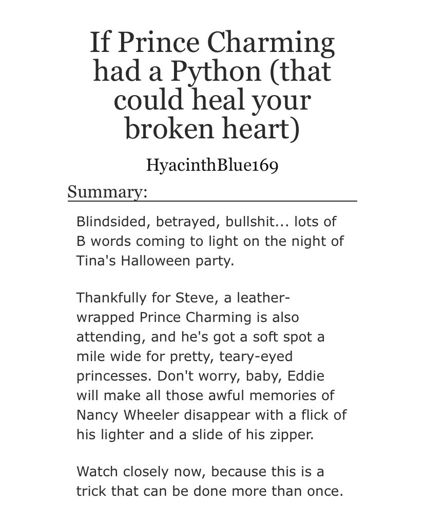 Karatecake69's tweet photo. Just dropped my /quick/ #Steddie oneshot based on one of my prompt posts, it’s been great smut practice for my long form fic.

+If Prince Charming had a Python (that could heal your broken heart)+

https://t.co/5CwXUTeUik https://t.co/I6eqd8mgMF