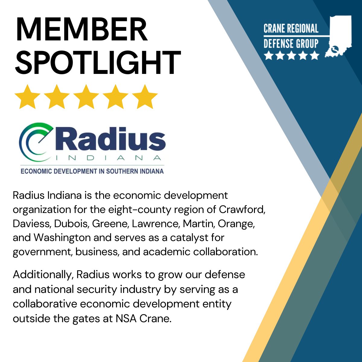 Time for a shoutout to one of our five-star members, Radius Indiana! We thank you for your support and enthusiasm for the southern Indiana defense ecosystem!
radiusindiana.com

Become a CRDG member: craneregionaldefensegroup.org/membership