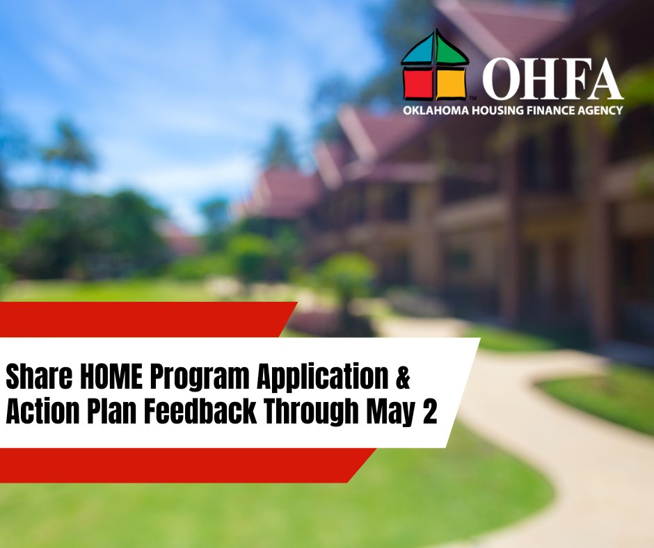OklahomaHousing's tweet photo. We will be accepting comments on the 2025 HOME Program Application and 2025 HOME Program Action Plan until 5 pm on May 2. Drafts of these plans are posted on the @oklahomahousing website: https://t.co/CshcPvJwmw

Please direct all comments to (405) 419-8261. https://t.co/uJH3TRfY0F