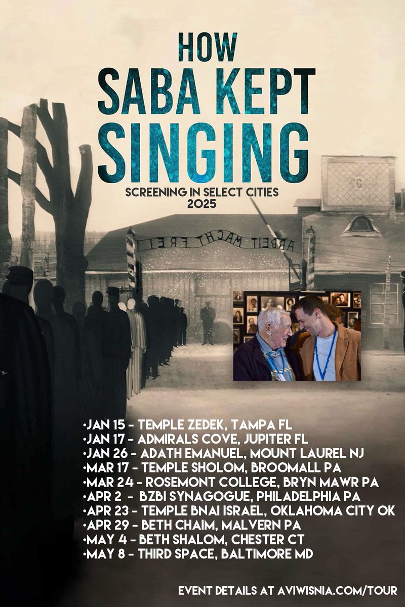 Our documentary screening in select cities this Spring!
The EMMY-nominated film #HowSabaKeptSinging tells the story of how my grandfather survived the Holocaust. Screenings include meaningful discussion + music I will perform. I hope you’ll join me

🎥 >> aviwisnia.com/tour