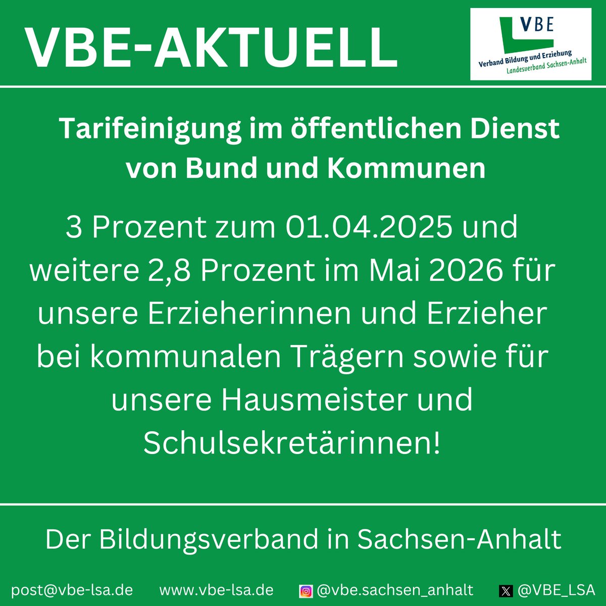 VBE_LSA's tweet photo. Tarifeinigung im öff.Dienst -heißt auch Tarifergebnisse für Erzieherinnen und Erzieher im kommunalen Bereich sowie für Hausmeister und Schulsekretärinnen und -sekretäre als Stütze im Schulalltag.
https://t.co/rEZg5195VE https://t.co/KS3bdGp9m6