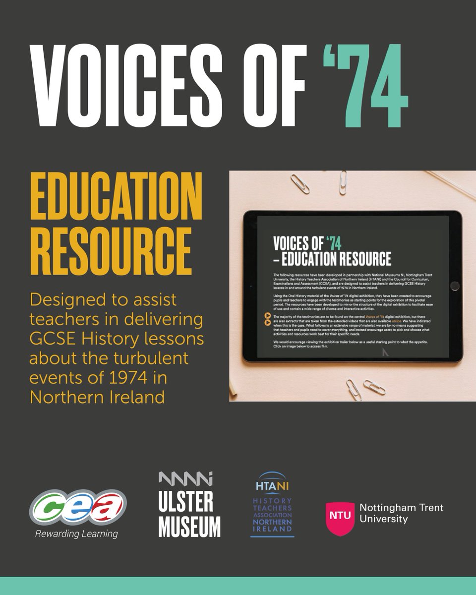 CCEA_info's tweet image. #GCSE #History teachers, have you seen #VoicesOf74? 

This project developed in partnership with @NottmTrentUni, @NatMuseumsNI,@HTA_of_NI &amp;amp; CCEA is designed to assist teachers in delivering lessons about the turbulent events of 1974 in NI.

👉 ow.ly/RT6B50Vwkas 🌐