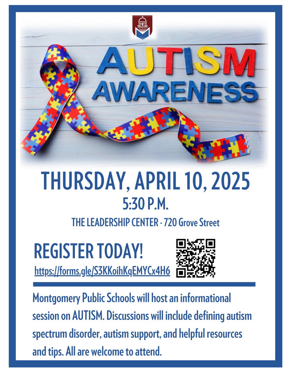 WSGarrettMPS's tweet photo. Join us for an Autism Awareness informational session hosted by @MPSAL !

WHEN: Thursday, April 10, 2025 | 5:30 PM
WHERE: The Leadership Center | 720 Grove Street

#WeStriveforGreatness | #GatorsOutOfThisWorld https://t.co/w8sbyvRR7v