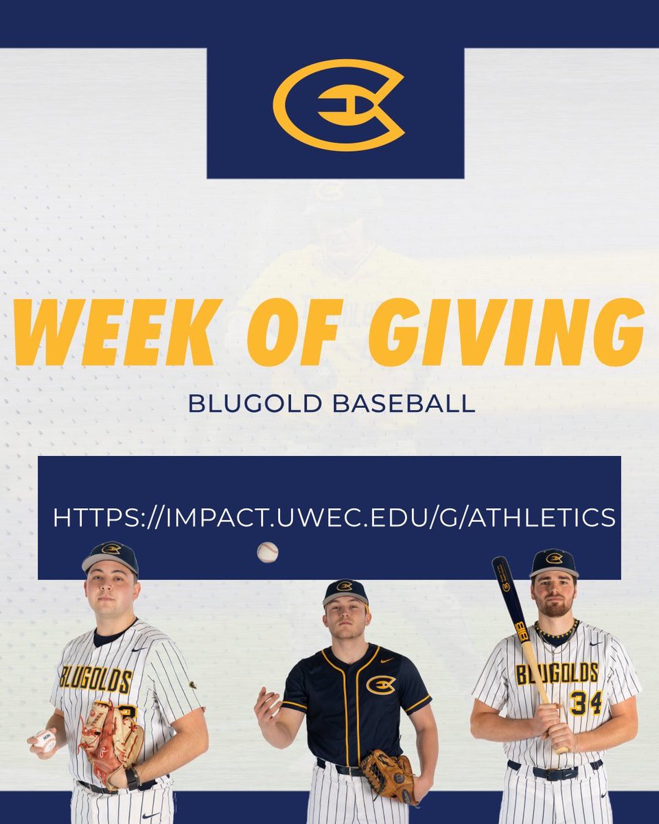 UWECBaseball's tweet photo. UWEC Baseball Supporters:

Athletics Giving Week is here and we are already off to a great start! Consider supporting the Blugolds with a donation this week, and help take advantage of several generous gift-matching opportunities! https://t.co/20qqGYhBYC