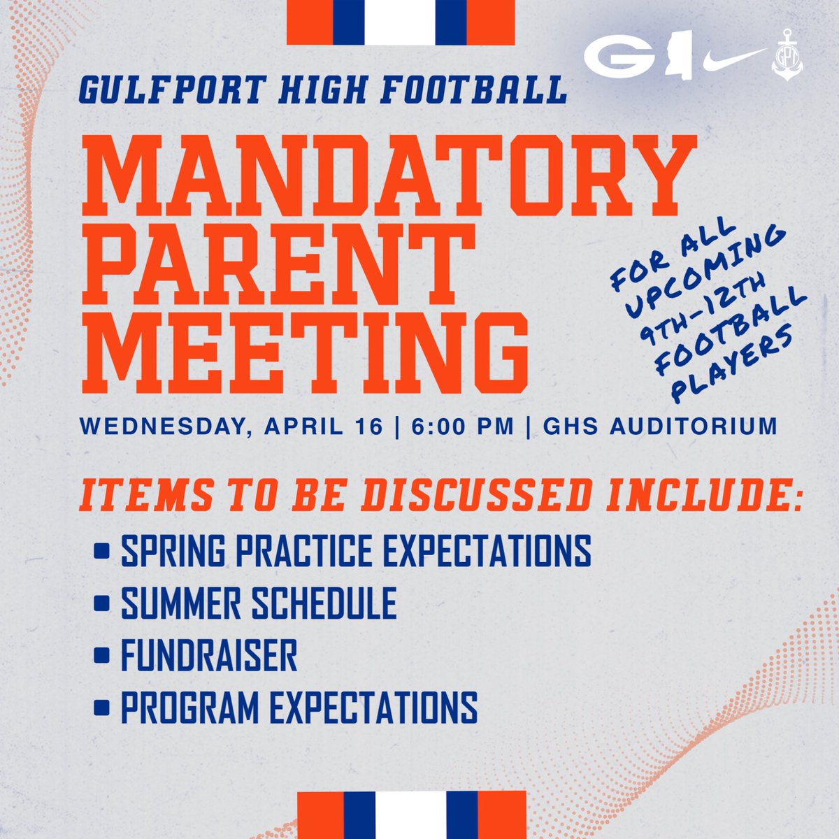Parents of next season’s varsity and 9th grade football players, we’re looking forward to seeing you next Wednesday!

#Hooyah | #OneGPT | #ATL