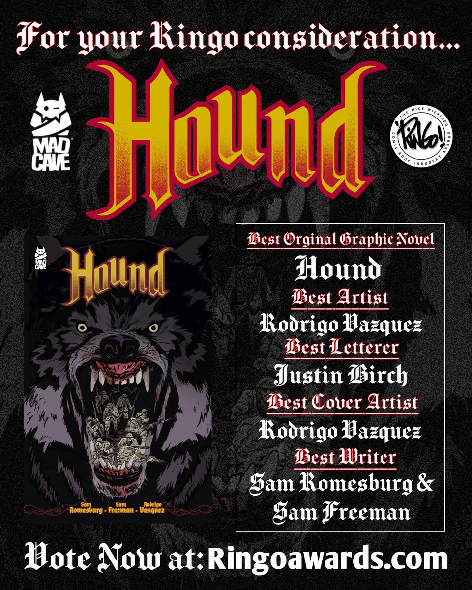 SamRomesburg's tweet image. Twitter I am back to tell you that we’re tryna get Hound nominated for a Ringo please smash that RT button if you’re really down with wolves eating mustard gas infested soldiers obsessed with their new world order 🐺🩸🏆 ringoawards.com to vote