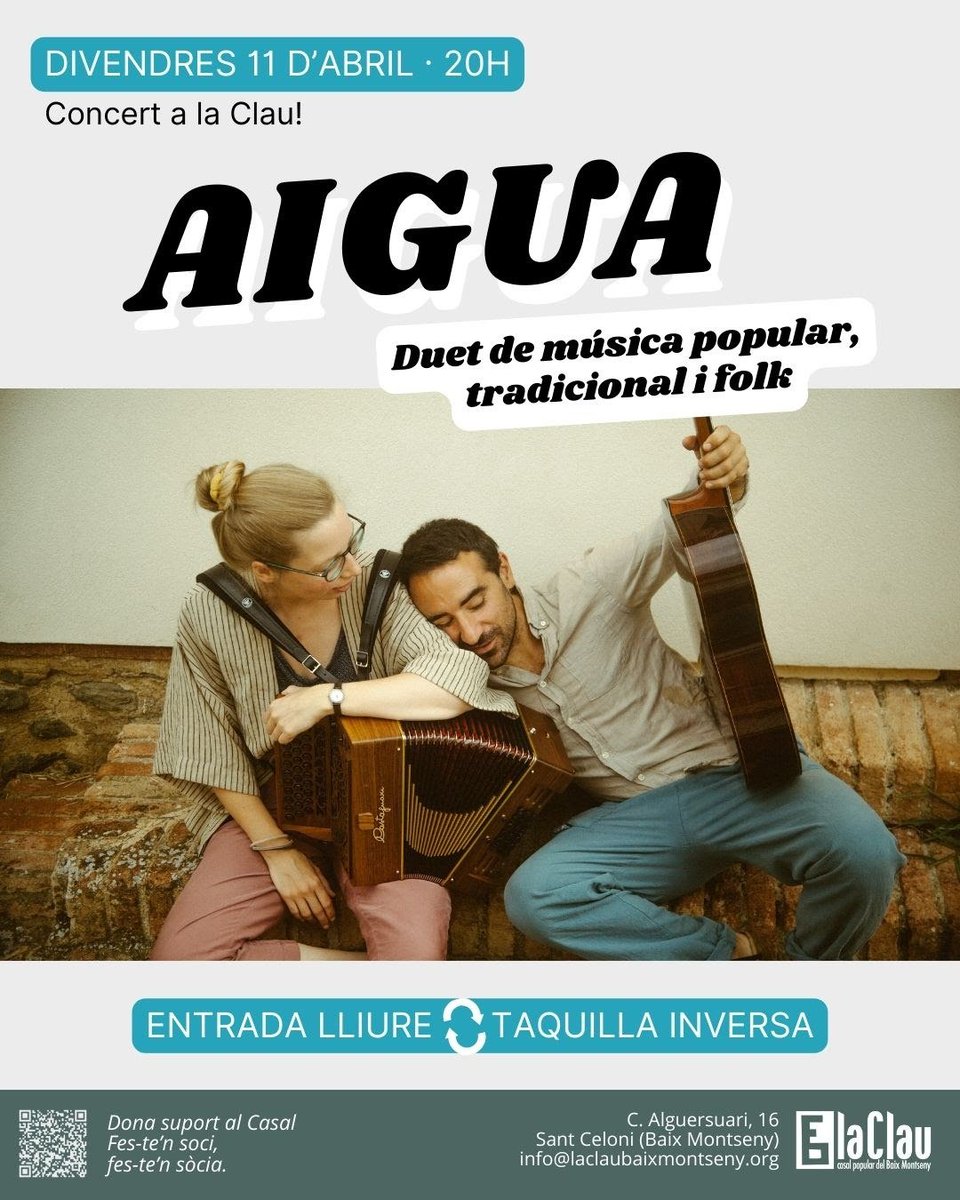 InfoClau's tweet photo. 🫧AIGUA A LA CLAU 
Aquest divendres, folk en viu 🎻🪗
🕗🎟️20h / Entrada lliure. Taquilla inversa

Aigua és la millor paraula per descriure el duo format per Lies Hendrix, (acordió diatònic) i Joan Peiró Aznar, (guitarra)! https://t.co/xTdR3E0gd8
