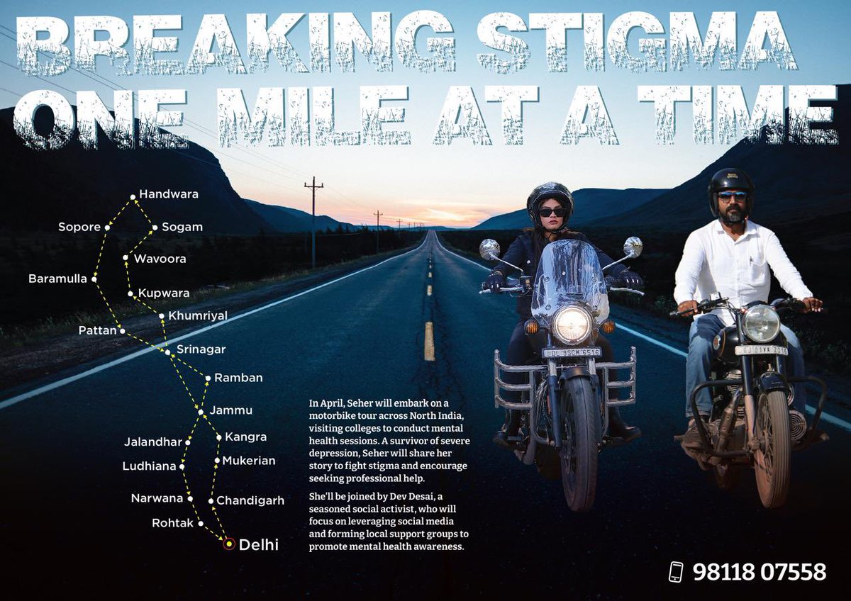 Breaking Stigma One Mile at a Time 
Covering 19 cities / towns and villages 
Conversing with students , rural women and men , mental health professionals, survivors and more. 
Seher - a survivor and Dev - an activist. 
Journey starts on April 20 from Dwarka , Delhi . Do join us
