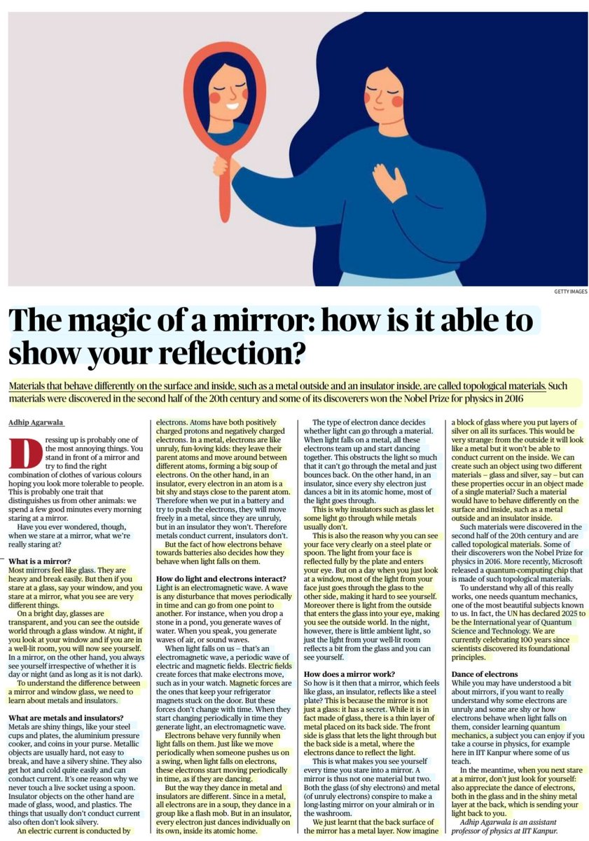 imRavikantYadav's tweet photo. Even I used to wonder about mirror reflections 🤔
'The magic of a #Mirror: how is it able to show your #REFLECTION?'
'#glass + #metal '
:Explained by Sh Adhip Agarwala
#Mirrors
#ElectricCurrent #Light #ElectroMagneticWave #MagneticForce
#TopologicalMaterial #quantum
#UPSC https://t.co/KA7uwRW5ce